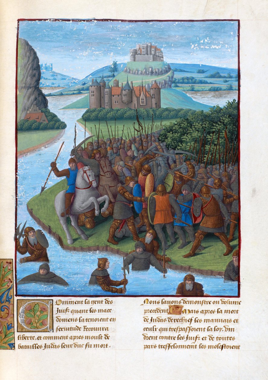 Kamp mellem Makkabæerne og Seleukiderne (Maccabean Revolt). Illustration i Flavius ​​​​Josephus ""Jødernes antikviteter"" (Antiquitatum Iudaica af Fouquet, Jean (1420-1481). Gouache på pergament, L. af Jean Fouquet