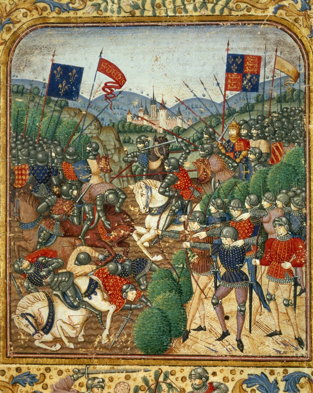 Slaget ved Azincourt (1415). Under Hundredårskrigen besejrede Henrik V af England det franske Armagnacs-parti - i "Grandes Chronicles de France" af Jean Fouquet, omkring 1467 - 1476). Victoria & Albert Bibliotek af Jean Fouquet