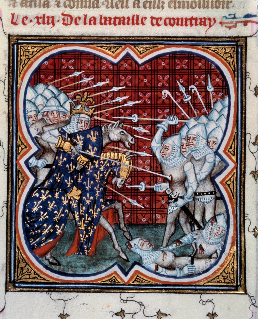 Slaget ved Kortrijk mellem Filip IV Bel (1268-1314) og flammerne, det såkaldte Gyldensporernes slag 11/07/1302 Miniature fra "Les grandes chronicles de France" af Jean Fouquet (1420-1481) fra det 15. århundrede. Paris, B.N. af Jean Fouquet