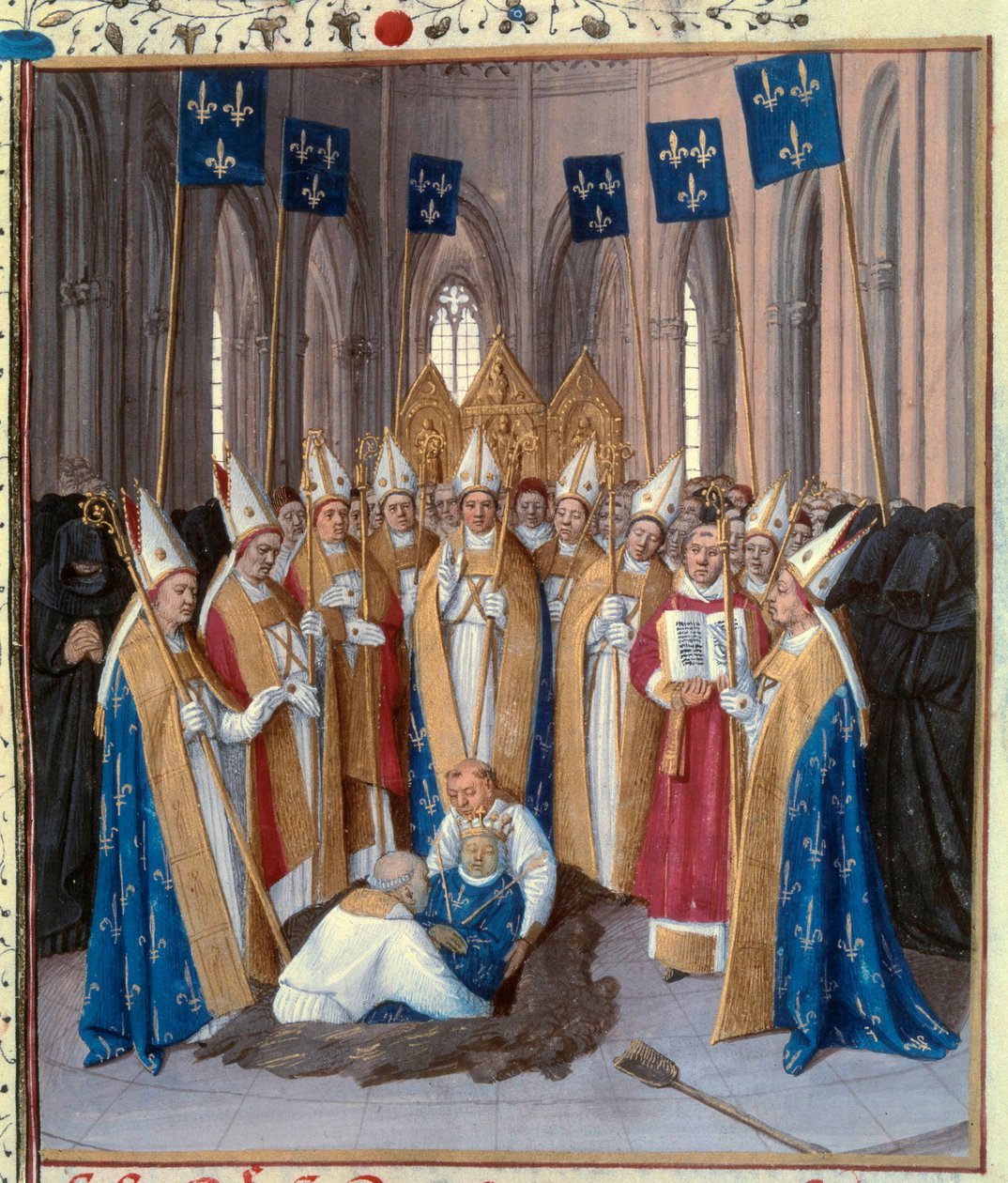 Begravelse af kong Philip IV the Bel (1268-1314) ved Basilica Saint Denis Miniature taget fra "The Chronicles of Saint Denis"" af Jean Fouquet (1420-1481) 15. århundrede. Paris, B.N. af Jean Fouquet