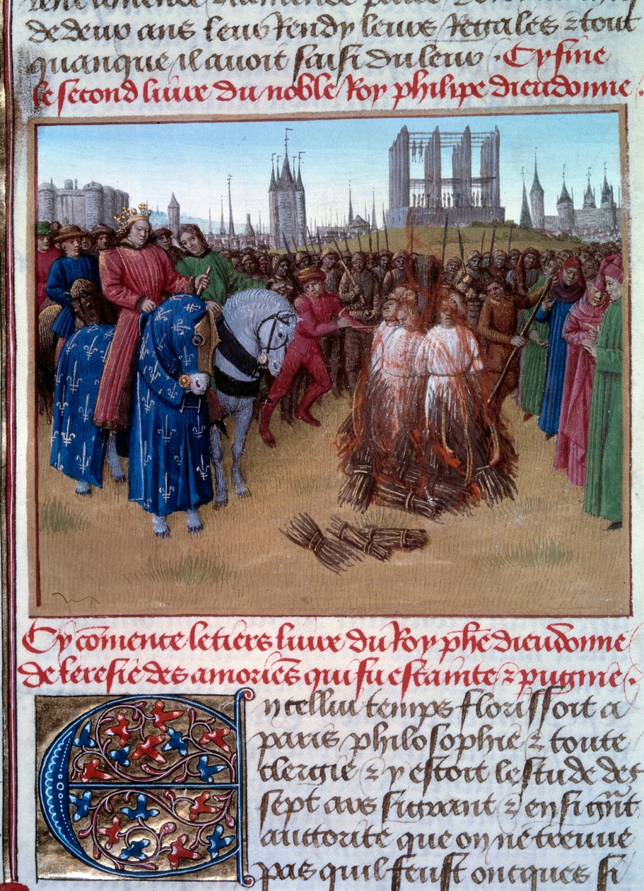 Fordømmelse og tortur af amaurikerne (tilhængere af Amaury de Chartres, fransk filosof og teolog fra det 12. århundrede) i nærværelse af Filip II kendt som Philip Auguste (1165-1223). Manuskript "" Grandes Chronicles de France "" (Folio 236 af Jean Fouquet