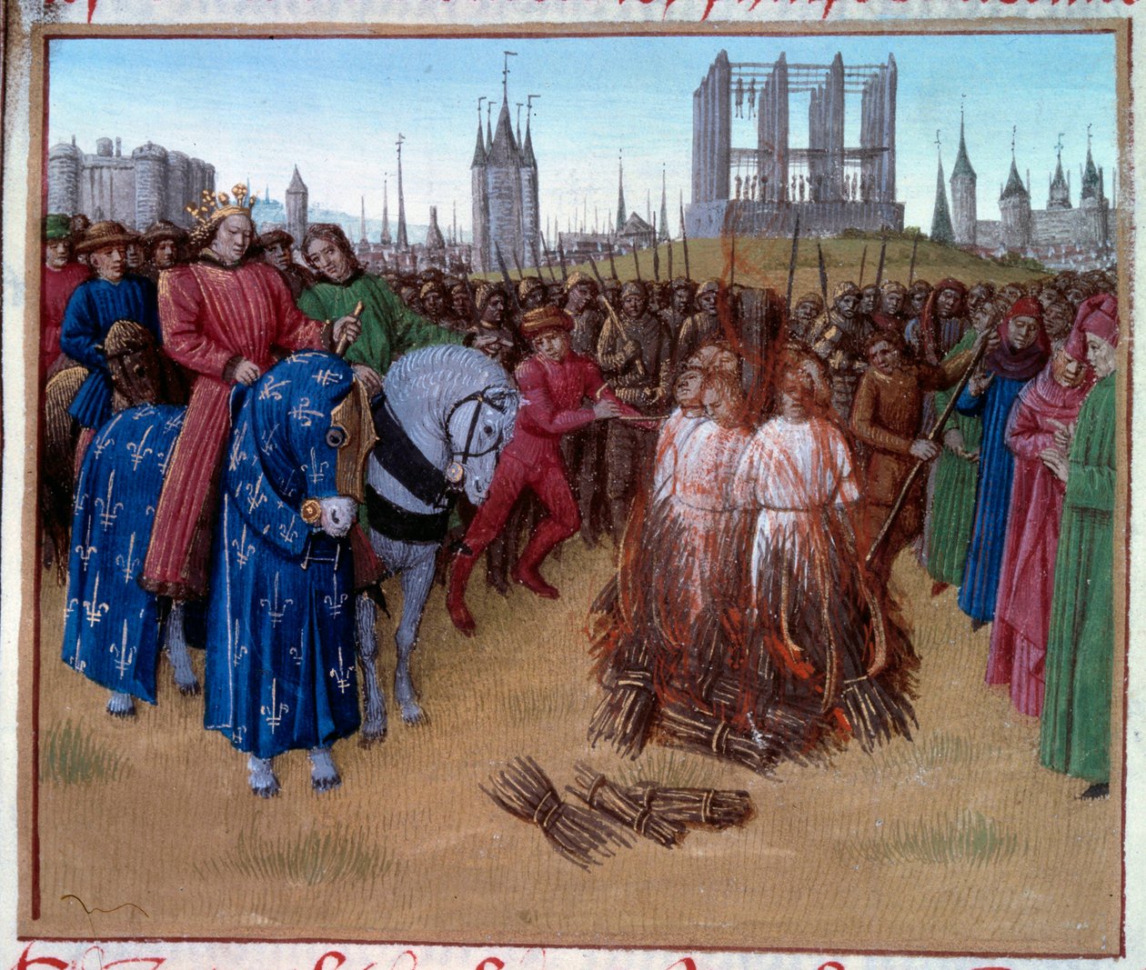 Fordømmelse og tortur af amaurikerne (tilhængere af Amaury de Chartres, fransk filosof og teolog fra det 12. århundrede) i nærværelse af Filip II kendt som Philip Auguste (1165-1223). Manuskript "" Grandes Chronicles de France "" (Folio 236 af Jean Fouquet