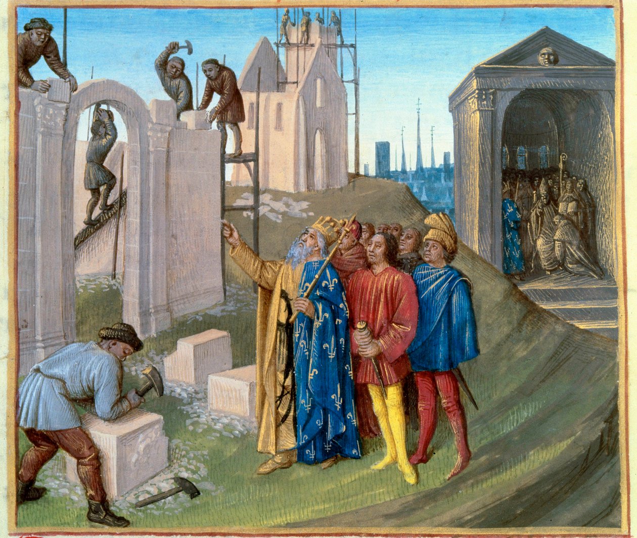 Opførelse af paladset i Aachen (796-805) af Charlemagne (742-814), som fører tilsyn med byggepladsen. Til højre bliver Pukkelryggen Pepin (770-811) en munk. Miniature fra "" Les Grandes Chronicles de France"" oplyst af Jean Fouquet (1420-1) af Jean Fouquet