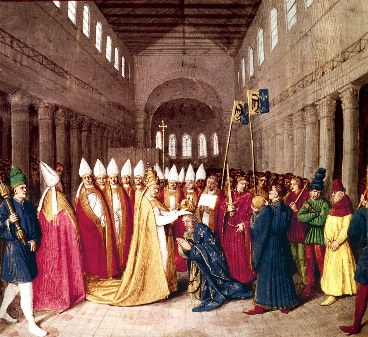Kroning af kejser Karl den Store den 25. december 800 i Rom af pave Leo III, belysning fra "Les Grandes Chroniques de France" af Jean Fouquet, ca. 1455-1460 af Jean Fouquet