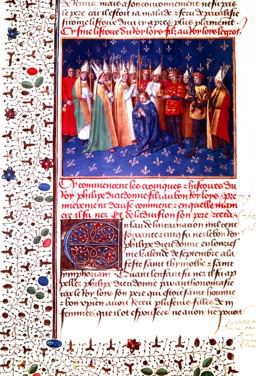 Kroning af den franske konge Philippe II Auguste i 1179, ca. 1455-60 (miniature) af Jean Fouquet
