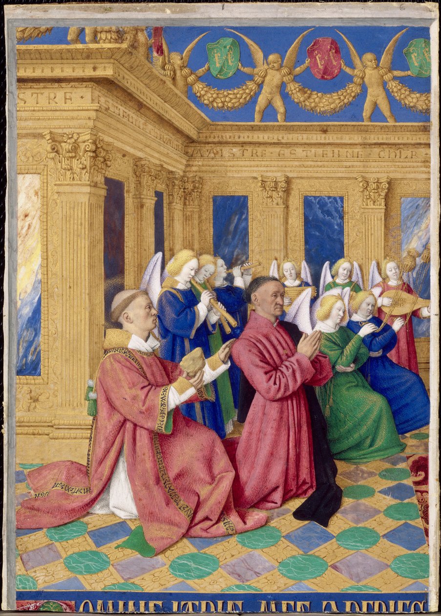 Étienne Chevalier og hans skytshelgen Saint Étienne, miniature fra Étienne Chevaliers timer af Jean Fouquet