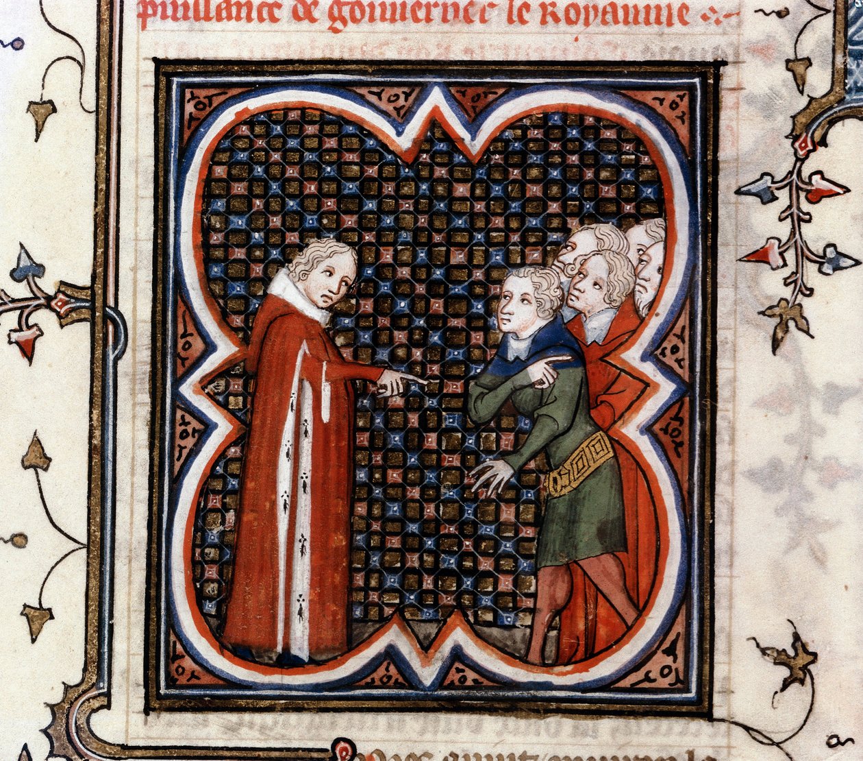 Etienne Marcel, en prevot af købmændene i Paris, bedt af kong Johannes II den Gode (1319-1364) af Frankrig om at respektere "Grande Ordonance" fra 1357 og bebrejdede hans adfærd, i "The Great Chronicles of France" af Jean Fouquet (1420-1481), ca. 1460 af Jean Fouquet
