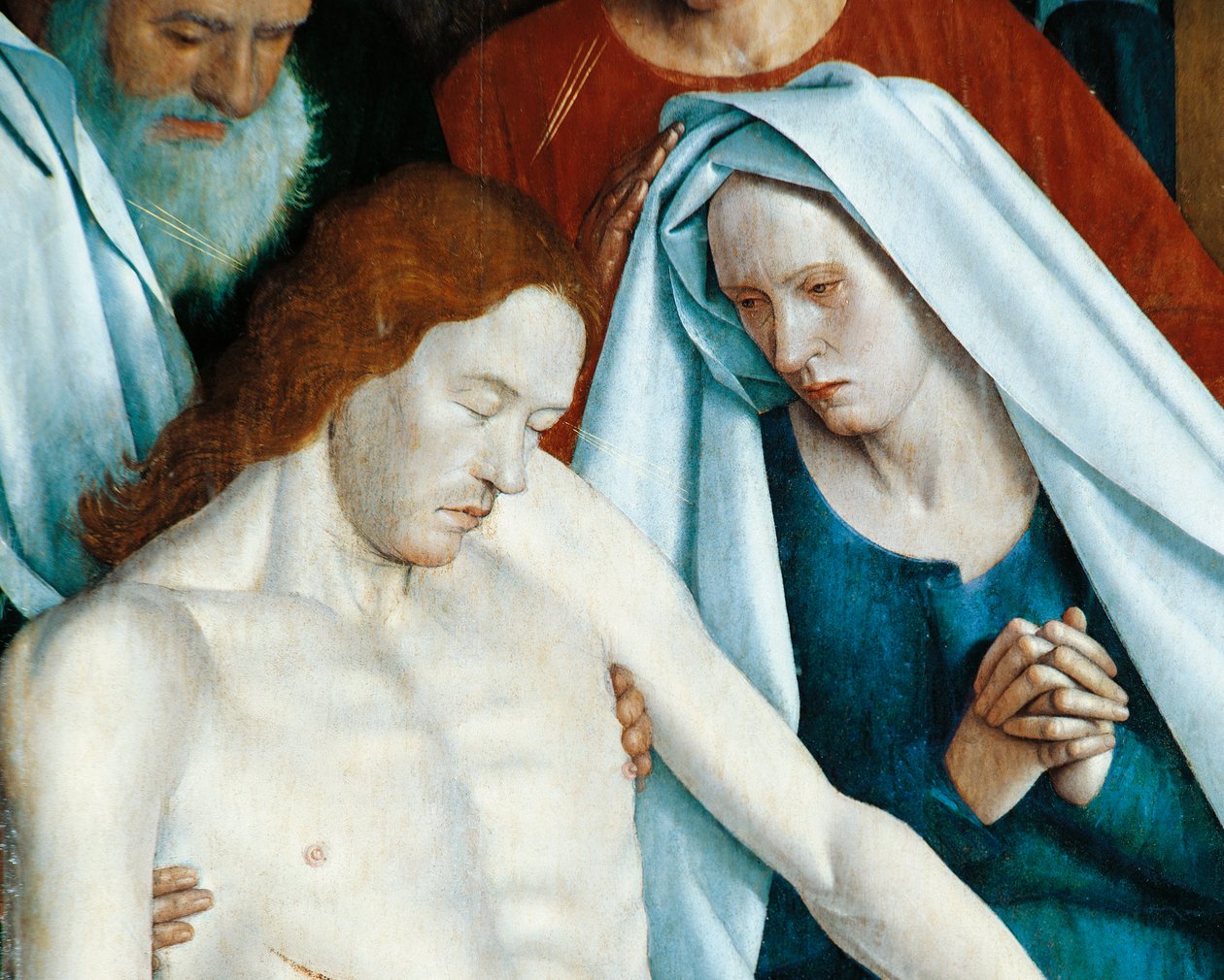 Ranska, Nouans-les-Fontaines, St Martinin kirkko, Neitsyt ja Kristus, yksityiskohta Pietasta af Jean Fouquet