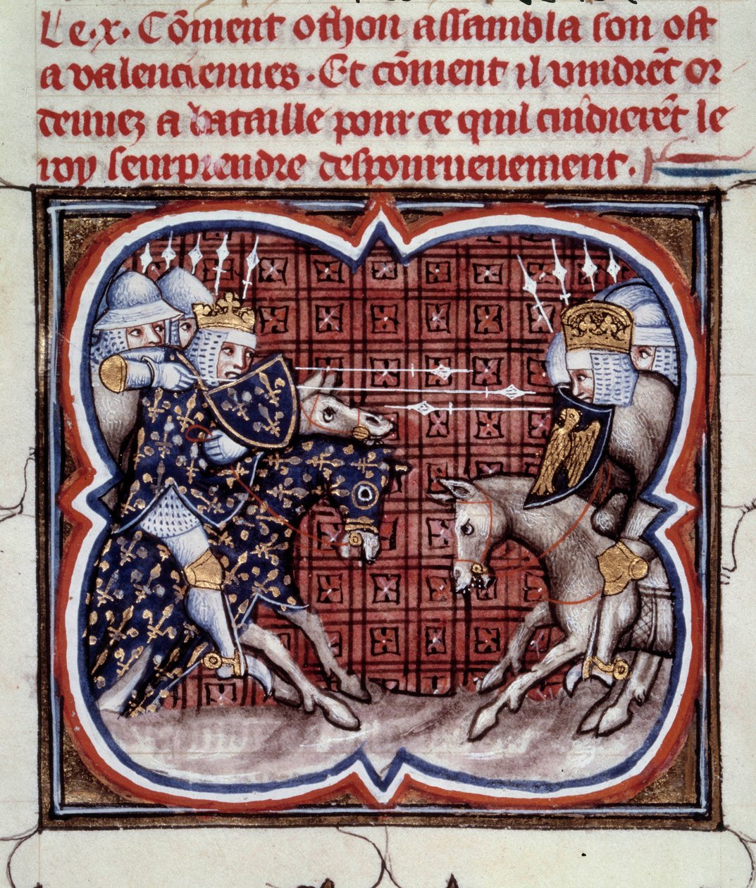 Fransk-engelsk krig (1202-1214): Slaget ved Bouvines den 27/07/1214 mellem den franske hær af Philippe Auguste og de flamske og velfarne fra Othon IV. Den franske sejr var afgørende for krigens udfald. Miniature fra "Great Chronicles of France" b af Jean Fouquet