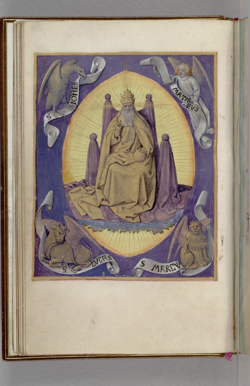 Gud Fader med symboler på de fire evangelister i hjørnerne. Timebog, 1450-1499 af Jean Fouquet