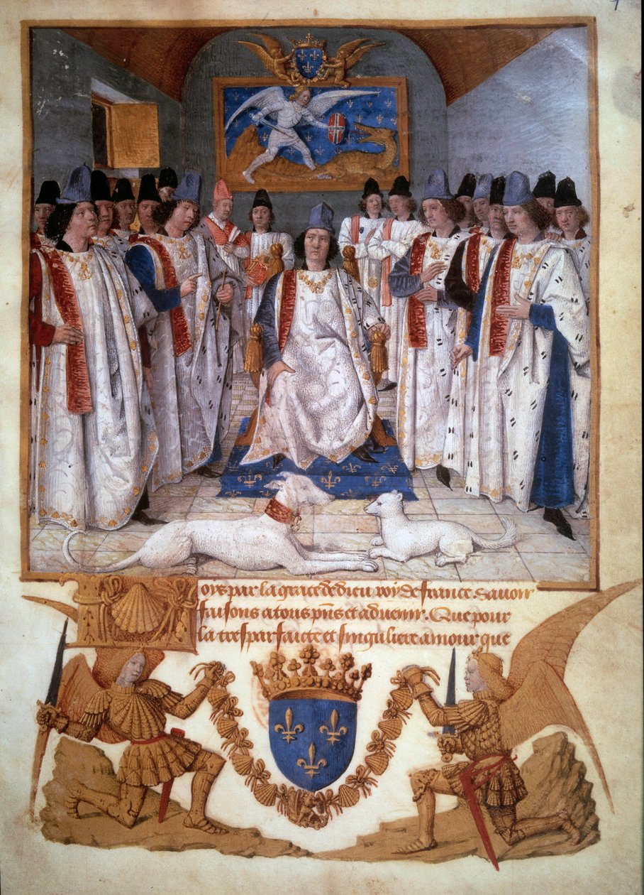 Afholdt af et kapitel af Saint Michel Ordenen omkring Ludvig XI (1423-1483) Miniature fra "Statutter of the Saint-Michel Order" af Jean Fouquet (1420-1481) 1470 Paris, B.N. af Jean Fouquet