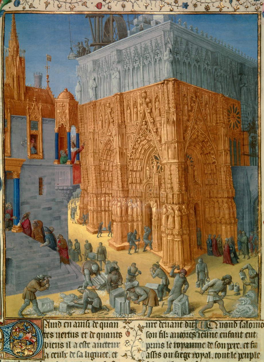 Kong Salomons opførelse af templet i Jerusalem Kongen overværer byggeriet fra balkonen på sit palads. Miniature fra manuskriptet "The Judaic Antiquities"" af Josephus Flavius (Giuseppe Flavio, Flavius Josephe) (37-100) illustreret af Jea af Jean Fouquet