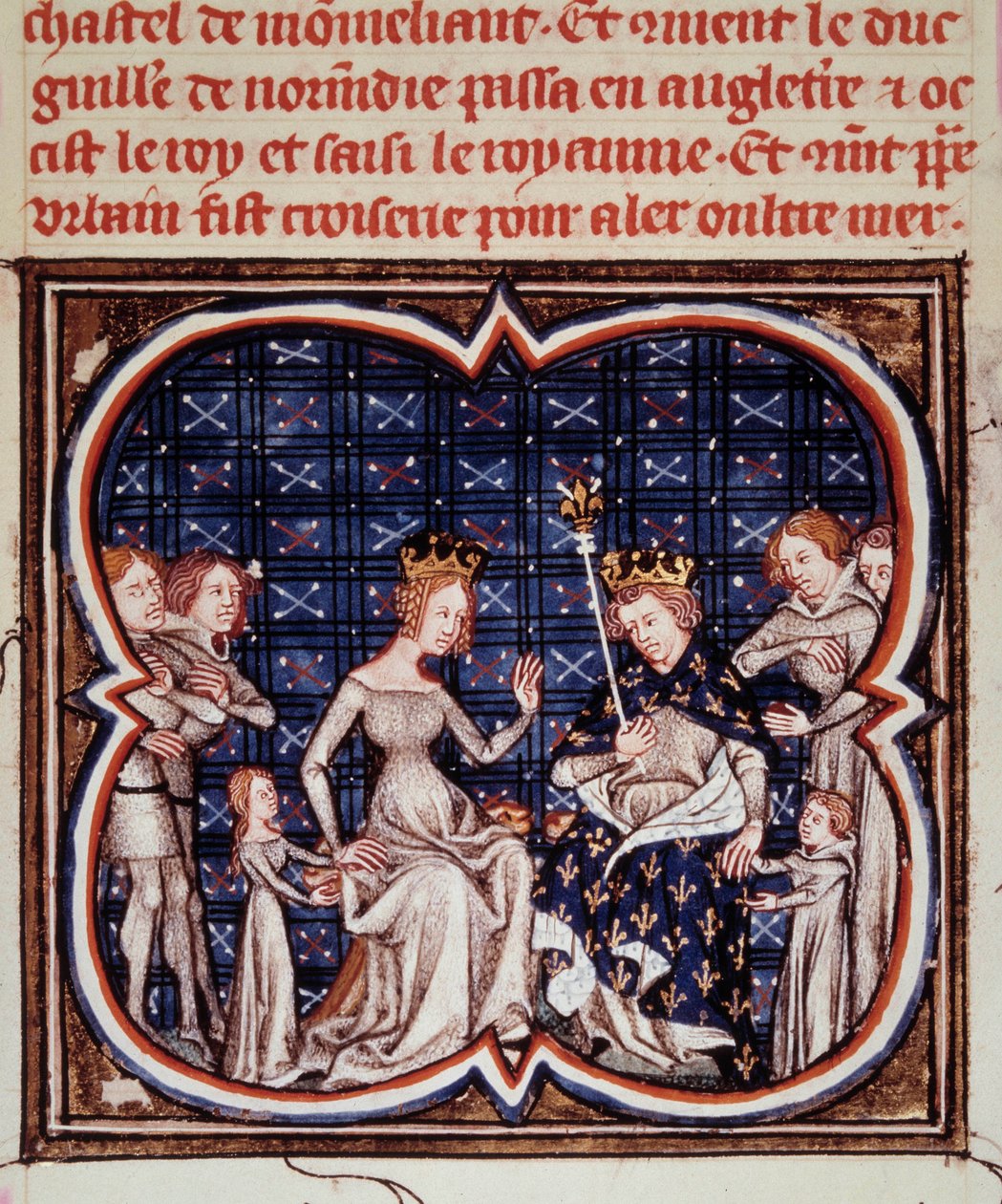 Konge af Frankrig Philip I (1052-1108) med sin hustru Berthe af Hollande og deres børn Constance af Frankrig (1078-1125) og Louis VI (1081-1137) Miniature fra "" Les grandes chronicles de France"" (ms. fr) 2813 fol. 182) 1375-1380 Paris, B.N. af Jean Fouquet