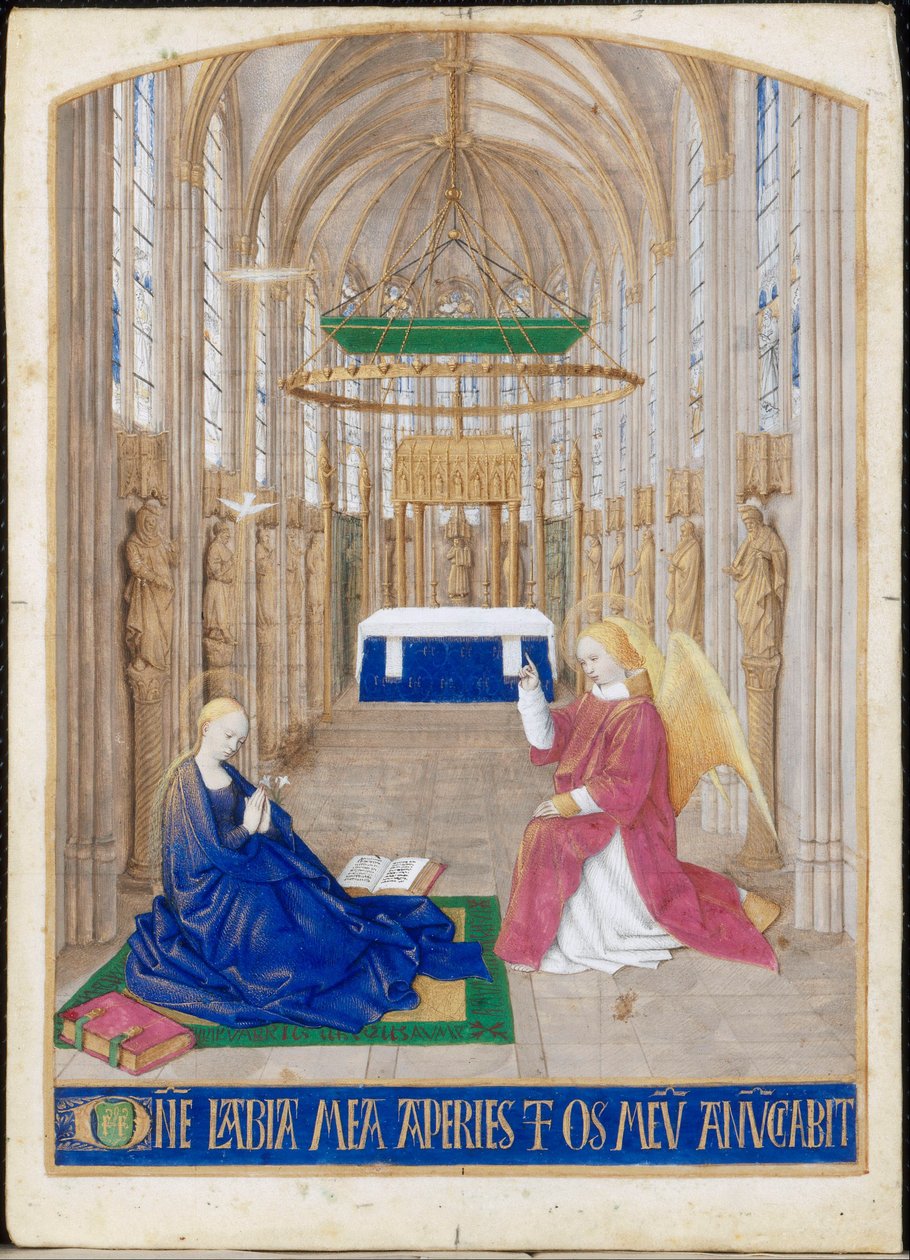 Bebudelsen, miniature fra Etienne Chevaliers timer. Helligåndens kontor, matiner af Jean Fouquet