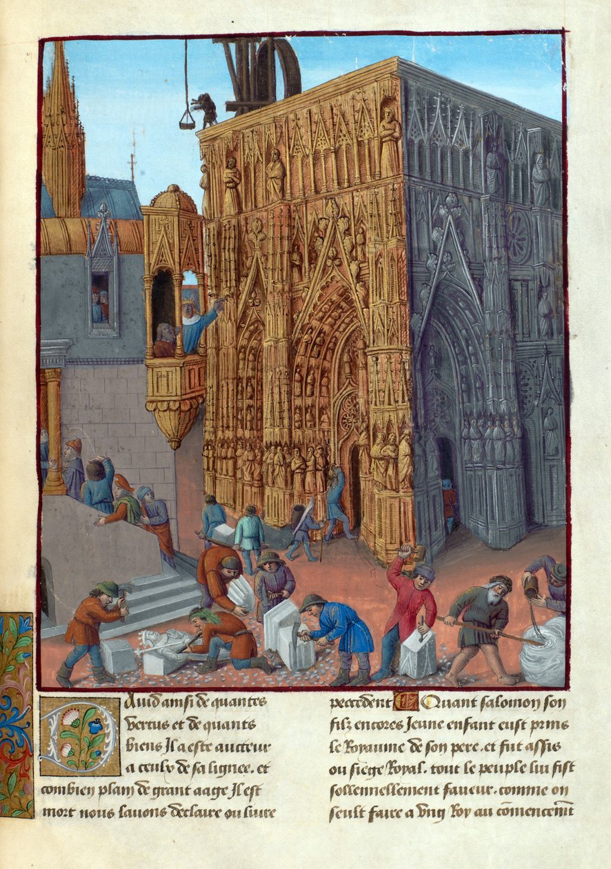 La Construction du Temple de Salomon - Bygningen af Salomos tempel. Illustration i Flavius Josephus "" Antiquities of the Jews "" (Antiquitatum iudaicarum) par Fouquet, Jean (1420-1481). Gouache på pergament, sent 15. Cen., Bibliotheque Nationale af Jean Fouquet