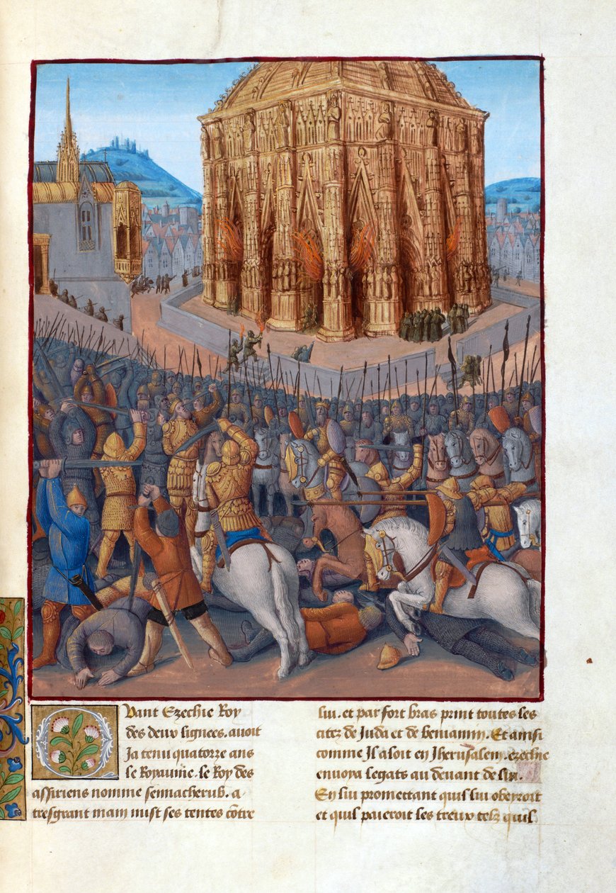 Le siege de Jerusalem par le roi de Babylone Nebuchadnezzar II (604-562 før JC) - Belejring af Jerusalem af Nebukadnezzar II. Illustration i Flavius ​​​​Josephus "Jødernes antikviteter" (Antiquitatum Judaicarum) af Fouquet, Jean (1420-1481). Gouache på pa af Jean Fouquet