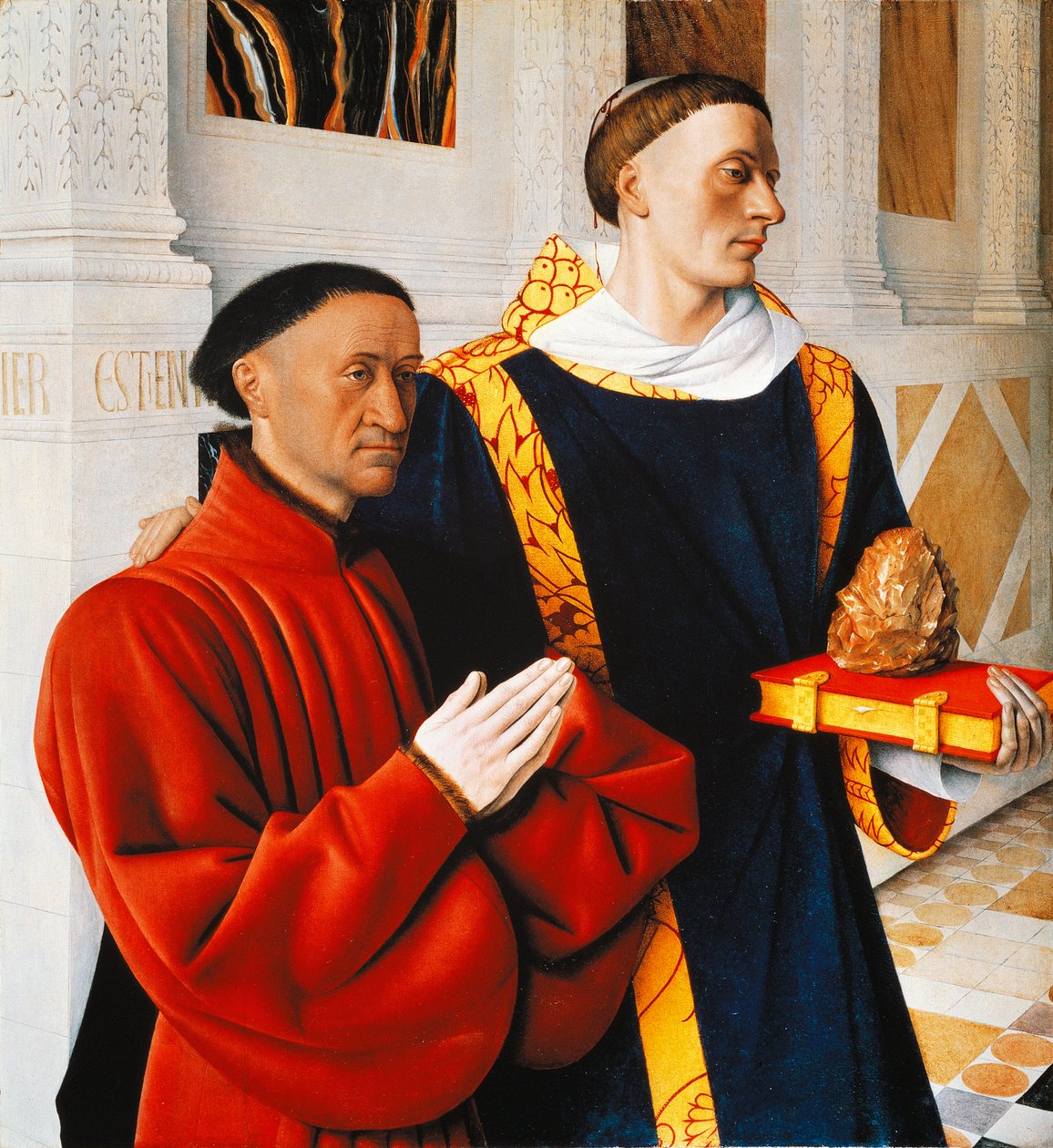 Venstre panel i Melun-diptykoen: Etienne Chevalier med sin skytshelgen Sankt Stefan af Jean Fouquet