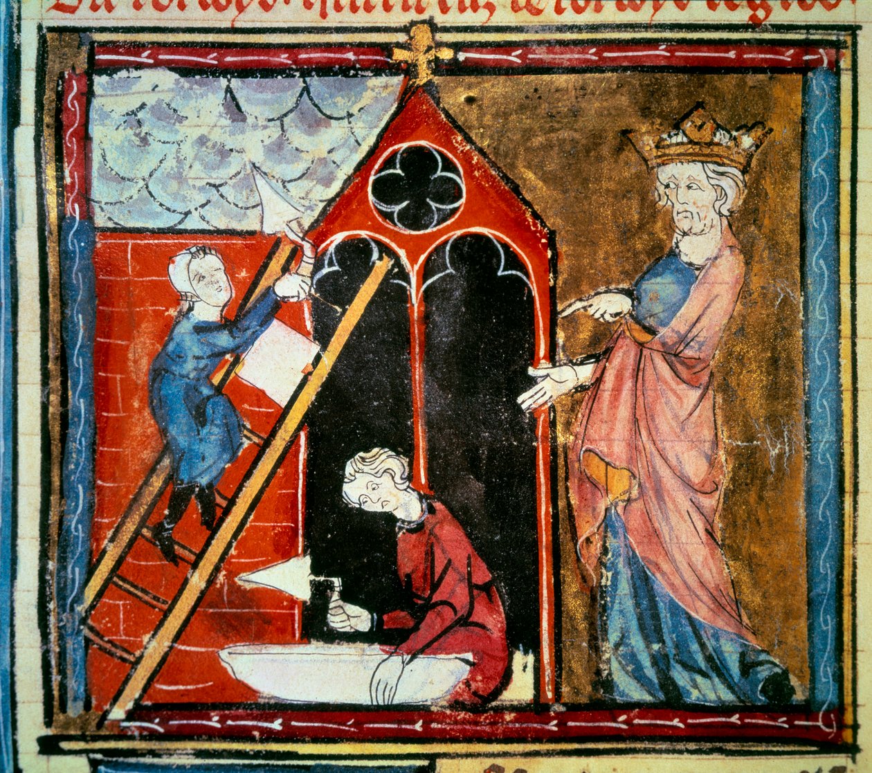 Ludvig vi le gros (1081 - 1137) under tilsyn med opførelsen af en bygning. Miniature i "Grandes chroniques de france" af Jean Fouquet (1420-1481) af Jean Fouquet
