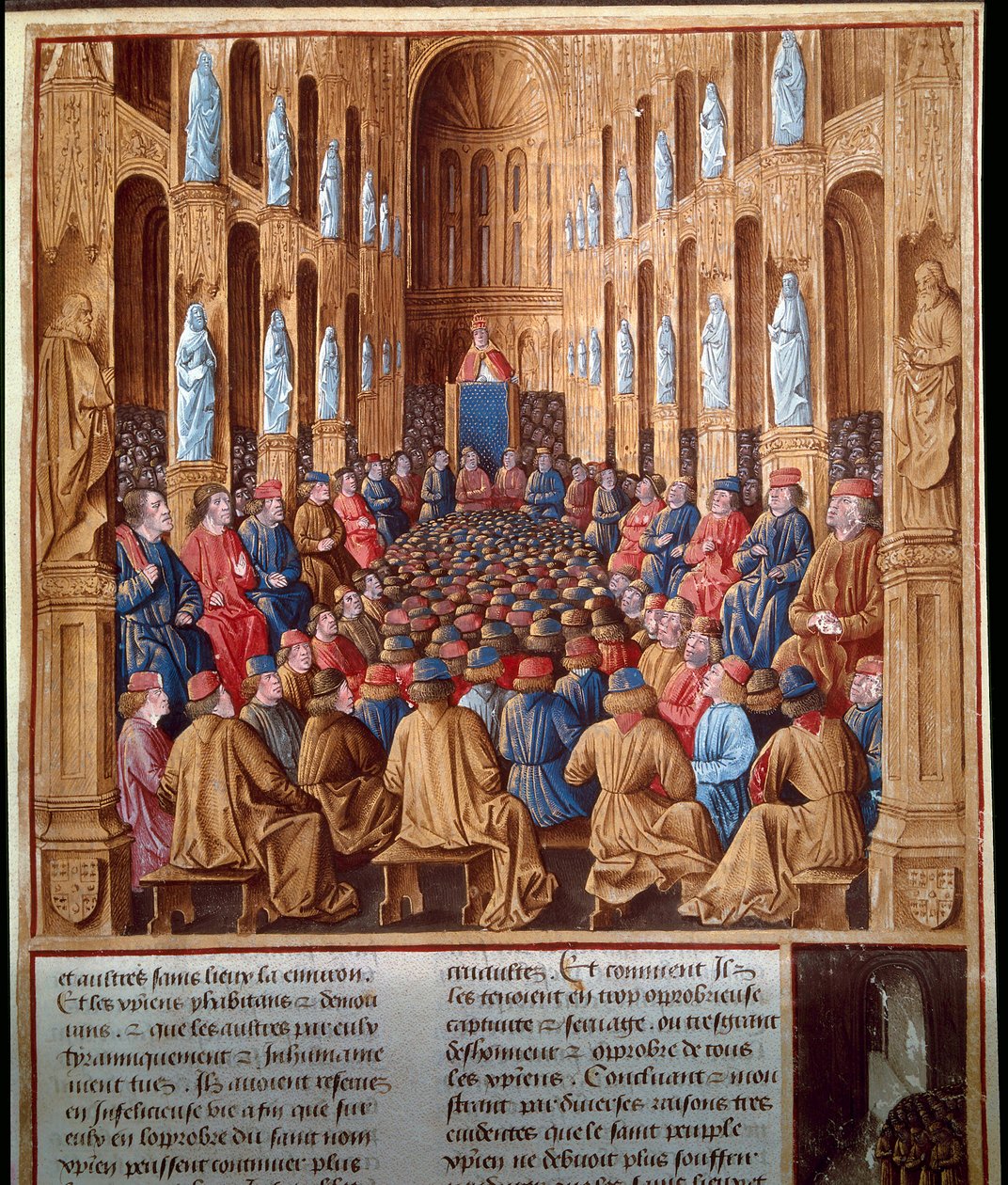 Pave Urban II (1042-1099) prædikede det første korstog ved koncilet i Clermont, Frankrig, og forenede riddere, adel og kardinaler af Jean Fouquet