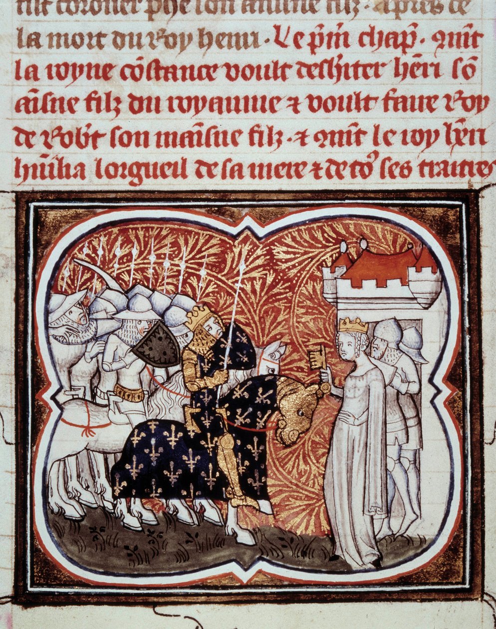 Dronning Constance af Arles (986-1032) overgiver sig til sin søn Henrik I, konge af Frankrig (1008-1060) Miniature fra "" Les grandes chronicles de France"" af Jean Fouquet (1420-1481) 1400-tallets Paris, B.N. af Jean Fouquet