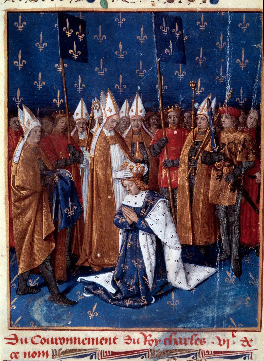 Den hellige Karl VI i Reims i 1380. Miniature i "Grandes Chronicles de France" (Folio 457v), udsmykket af Jean Fouquet (1420-1481) 1455-1460. BN, Paris. af Jean Fouquet