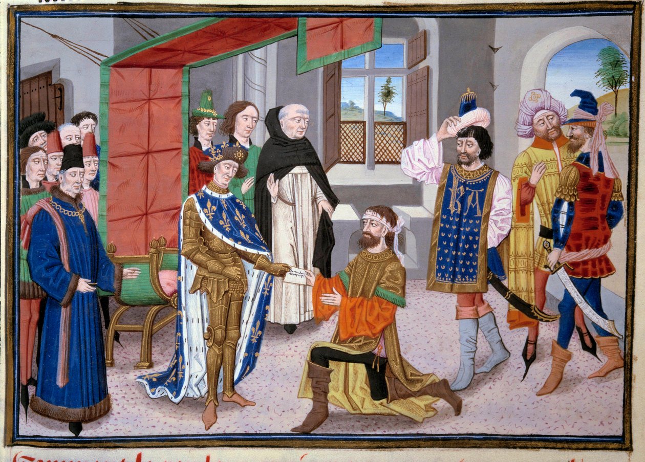 Syvende korstog: Konge af Frankrig Saint Louis (eller Louis IX) (1214-1270) i Nicosia på Cypern omkring 1245. Miniature fra "De store krøniker" af Jean Fouquet (1420-1481). Paris, Arsenals bibliotek af Jean Fouquet