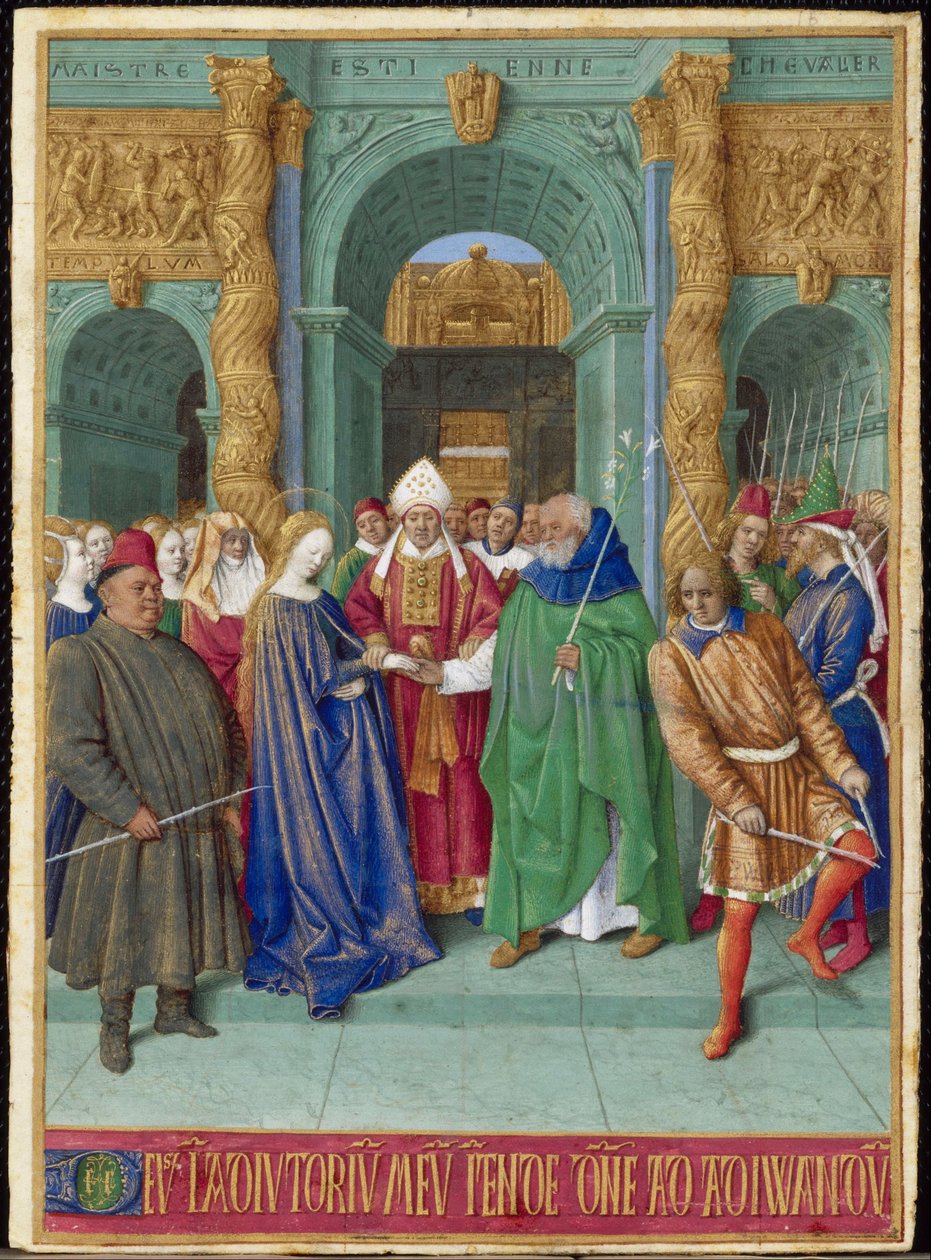 Ægteskabet mellem den franske jomfru: miniature fra Étienne Chevaliers timer af Jean Fouquet