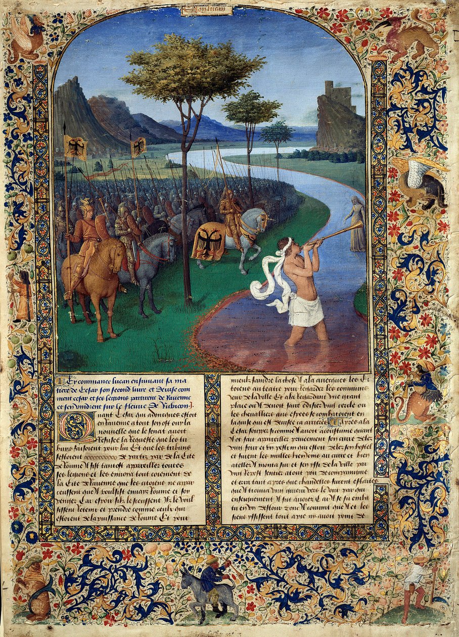 Rubicons passage af Jules Cesar Den romerske general Jules Cesar krydsede Rubicon den 11/01/49 f.Kr., som udgør adskillelsen mellem Cisalpine Gallien og Italien. Miniature fra "" oldtidens historie til Cesar og romernes fakta"" af Jean Fouquet ( af Jean Fouquet