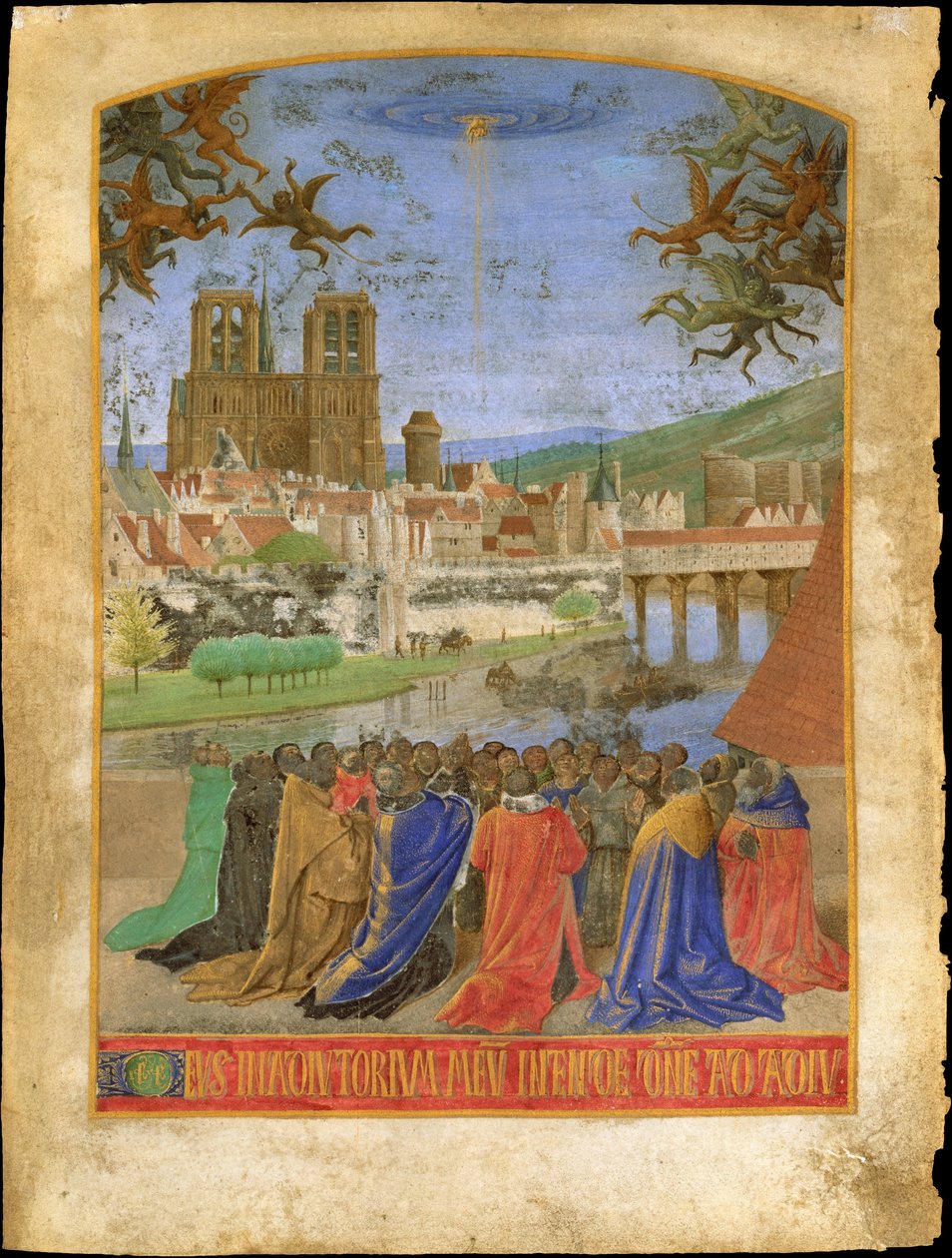 Guds højre hånd, der beskytter de troende mod dæmonerne, ca. 1452-1460. af Jean Fouquet