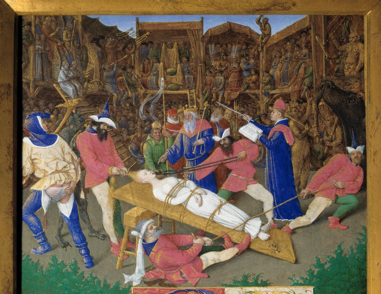 De helliges stemmer. Martyrium af Saint Apolline (eller Apollonia) Den kristne Saint Apolline af Alexandria tortureres af Paians i 249 AD. Bødderne trækker ham i håret og knækker tænderne. Emperor Dece er en tilskuer. Detalje af en miniature taget af Jean Fouquet