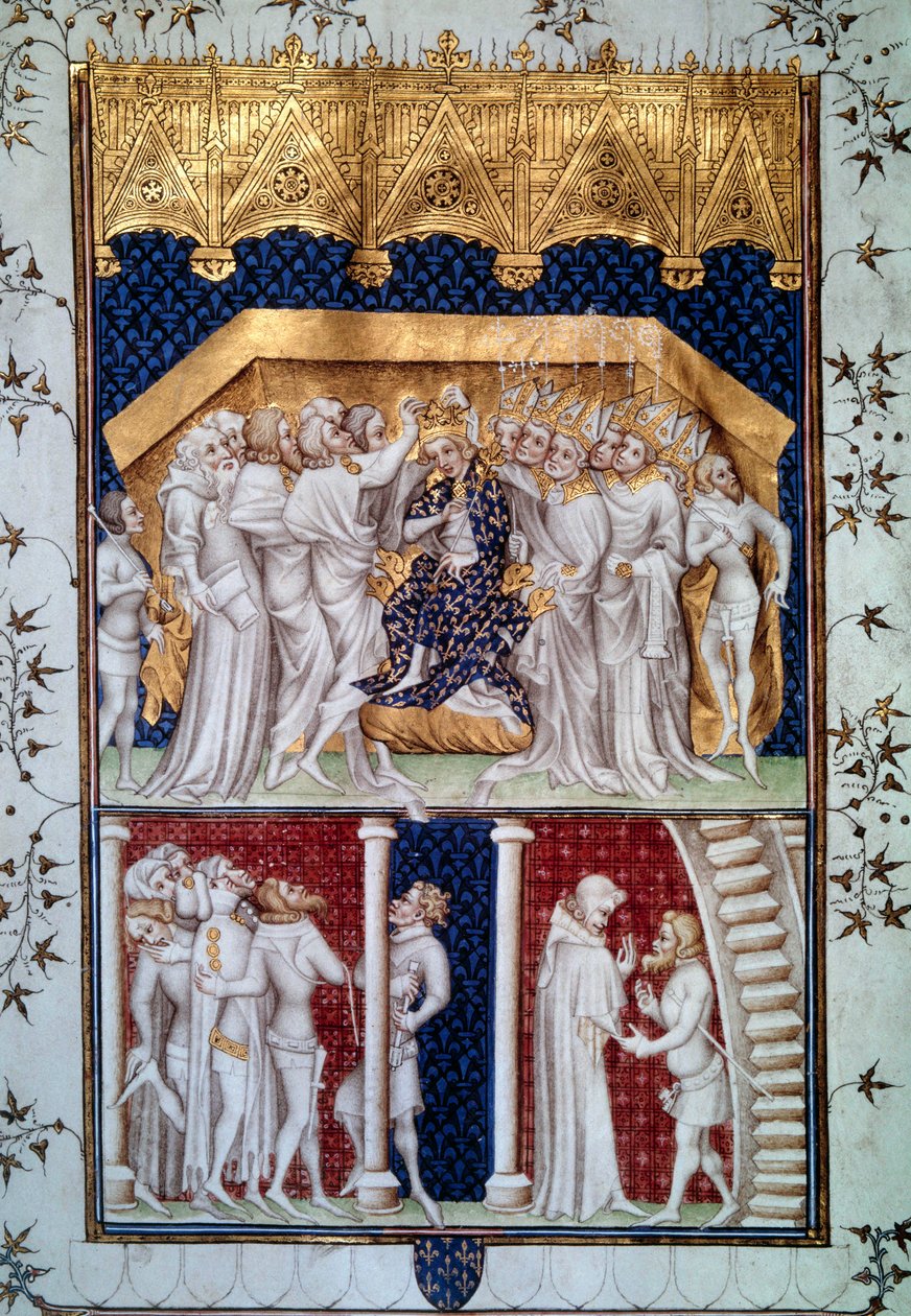 Kroningen af Charles VI (1368-1422) af Frankrigs jævnaldrende den 16/09/1380. Miniature fra Grandes Chronicles de France”” af Jean Fouquet (1420-1481) 1400-tallets Paris, B.N. af Jean Fouquet