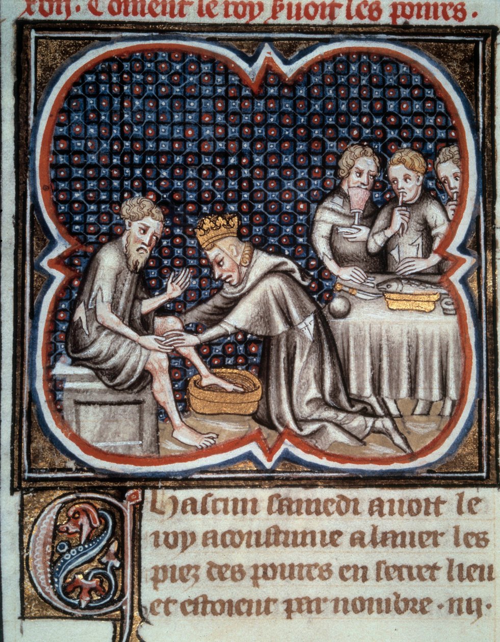 Foden af kong Ludvig IX (1214-1270) (Saint Louis): han giver mad og vasker de fattiges fødder. Miniature fra manuskriptet "Les Grandes Chronicles de France"" af Jean Fouquet (1420-1481) 15. århundrede. Paris, B.N. af Jean Fouquet