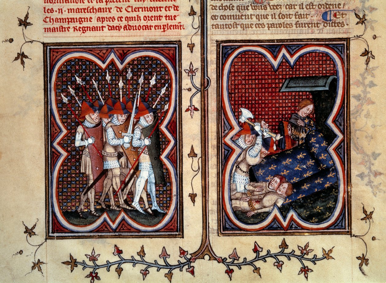 Marechauxen Robert de Clermont og Jean de Conflans blev myrdet af Etienne Marcel (1315-1358) og hans mænd i delfinen Charles (fremtidige Charles V) værelse i Palais de la cite den 22. februar af Jean Fouquet