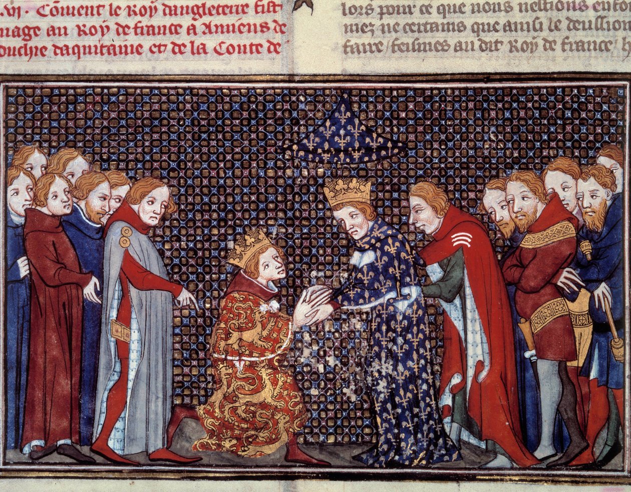 Hyldest af kong Edward III af England (1312-1377) til Philip VI af Valois (1294-1350), konge af Frankrig, i 1330. Miniature fra "Les grandes chronicles de france" af Jean Fouquet (1420-1481) af Jean Fouquet