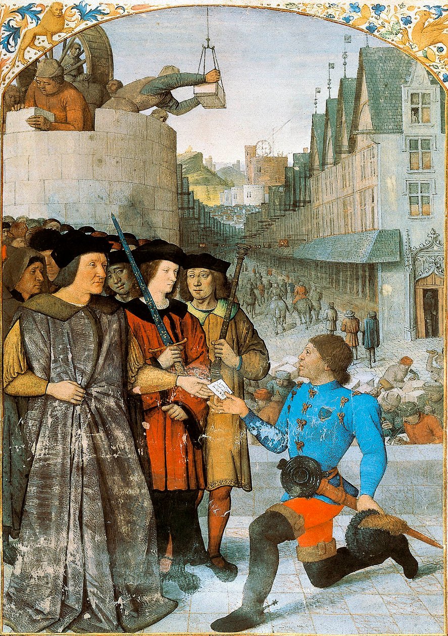 Viscount of Rochechouart modtager en kongelig budbringer. Miniature af Jean Fouquet (1420-1481) fra "The Great Chronicles of France". 1455-1460 af Jean Fouquet