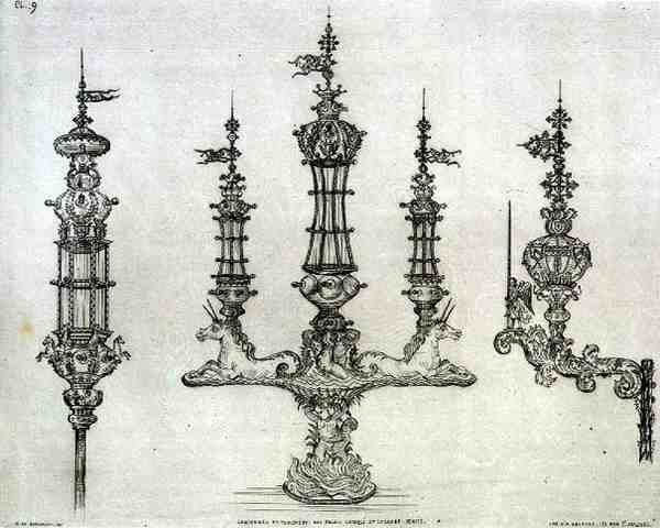 Lanterner og fakler fra Cavalli- og Sagredo-paladserne i Venedig, fra "Art and Industry", udgivet af Delatre, Paris af Jean Francois (after) Albanis de Beaumont