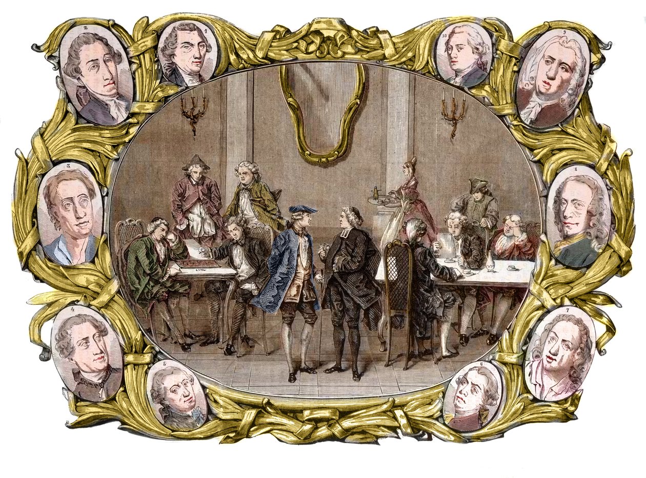 Paris - Cafeen "" Procope"" i det 18. århundrede fra højre mod venstre, i medaljonerne, Georges Louis Leclerc, Comte de Buffon, Nicolas Joseph Florent Gilbert, Denis Diderot, Jean le Rond d