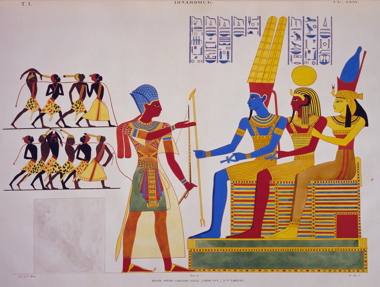 Ramesses II før Triaden, fresko fra østmuren i Abu Simbels store sal, fra Egyptens og Nubiens monumenter af Jean Francois Champollion