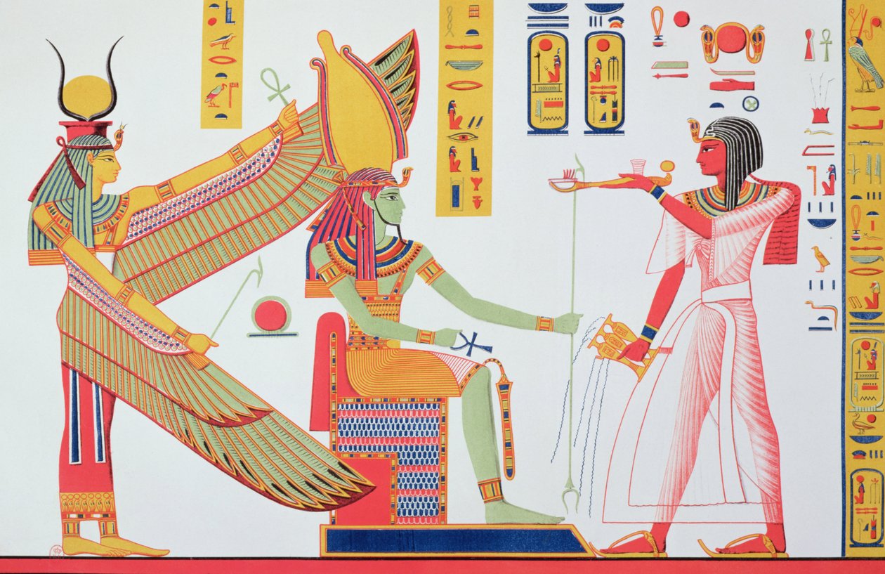 Ramses IV (1153-1147 f.Kr.) tilbyder røgelse til Isis og Amon-Re, siddende på en trone, kopi af et vægmaleri fra hans grav i Kongernes Dal, plade 260 fra Monuments dEgypte af Jean-Francois af Jean Francois Champollion