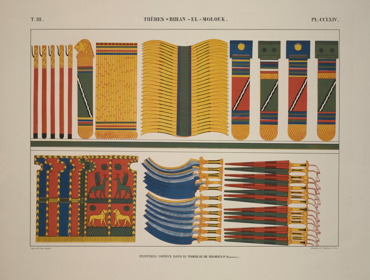 Forskellige egyptiske våben og våben, Theben, Biban-el-Molouk, illustration fra "Monuments of Egypt and Nubia, 1845 af Jean Francois Champollion