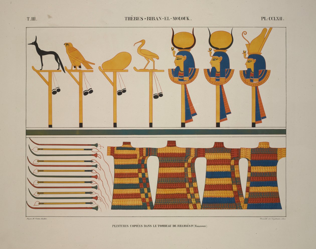 Våben og tegn, Theben, Biban-el-Molouk, illustration fra "Monuments of Egypt and Nubia, 1845 af Jean Francois Champollion