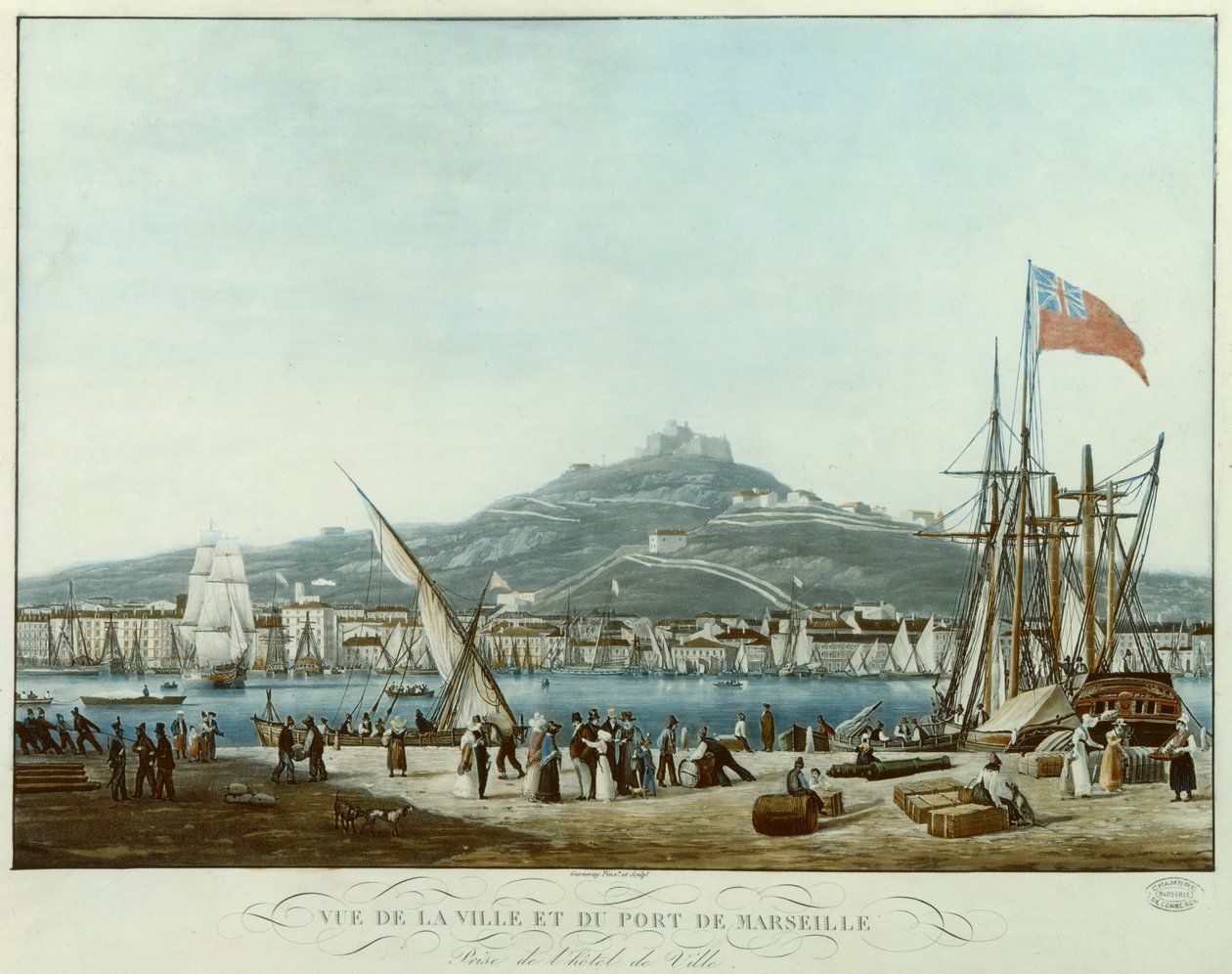 Udsigt over byen og havnen i Marseille fra rådhuset, ca. 1815-30 (akvatinte) af Jean Francois Garneray