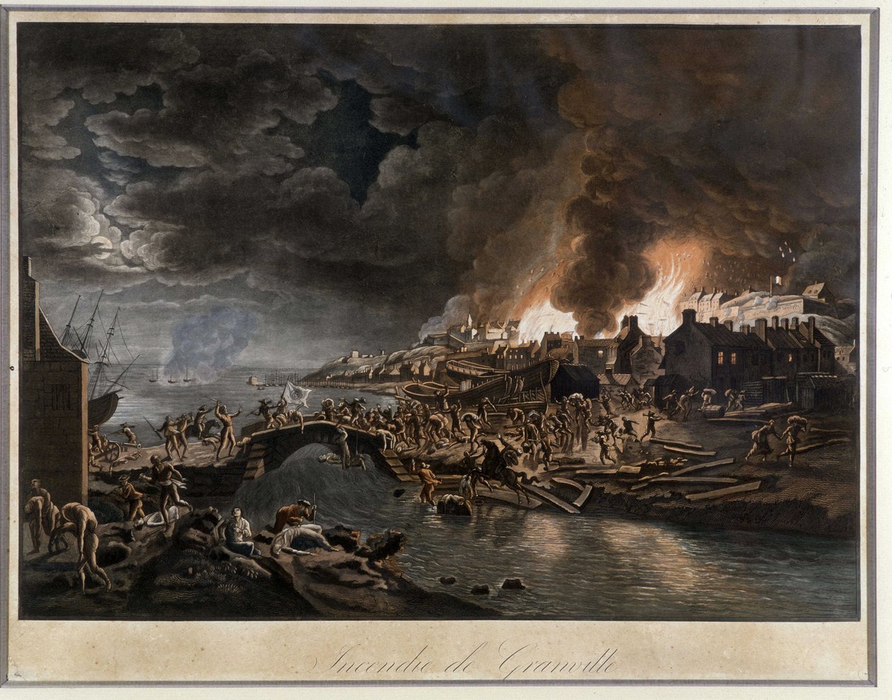 Granville i flammer belejret af vendéanerne, baseret på maleri af J. François Hue, ca. 1800. af Jean Francois Hue