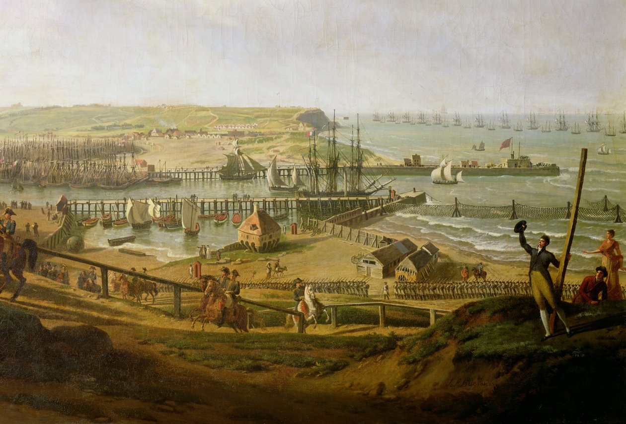 Napoleon besøger lejren i Boulogne i juli 1804, detaljer om havnen, 1806 af Jean Francois Hue