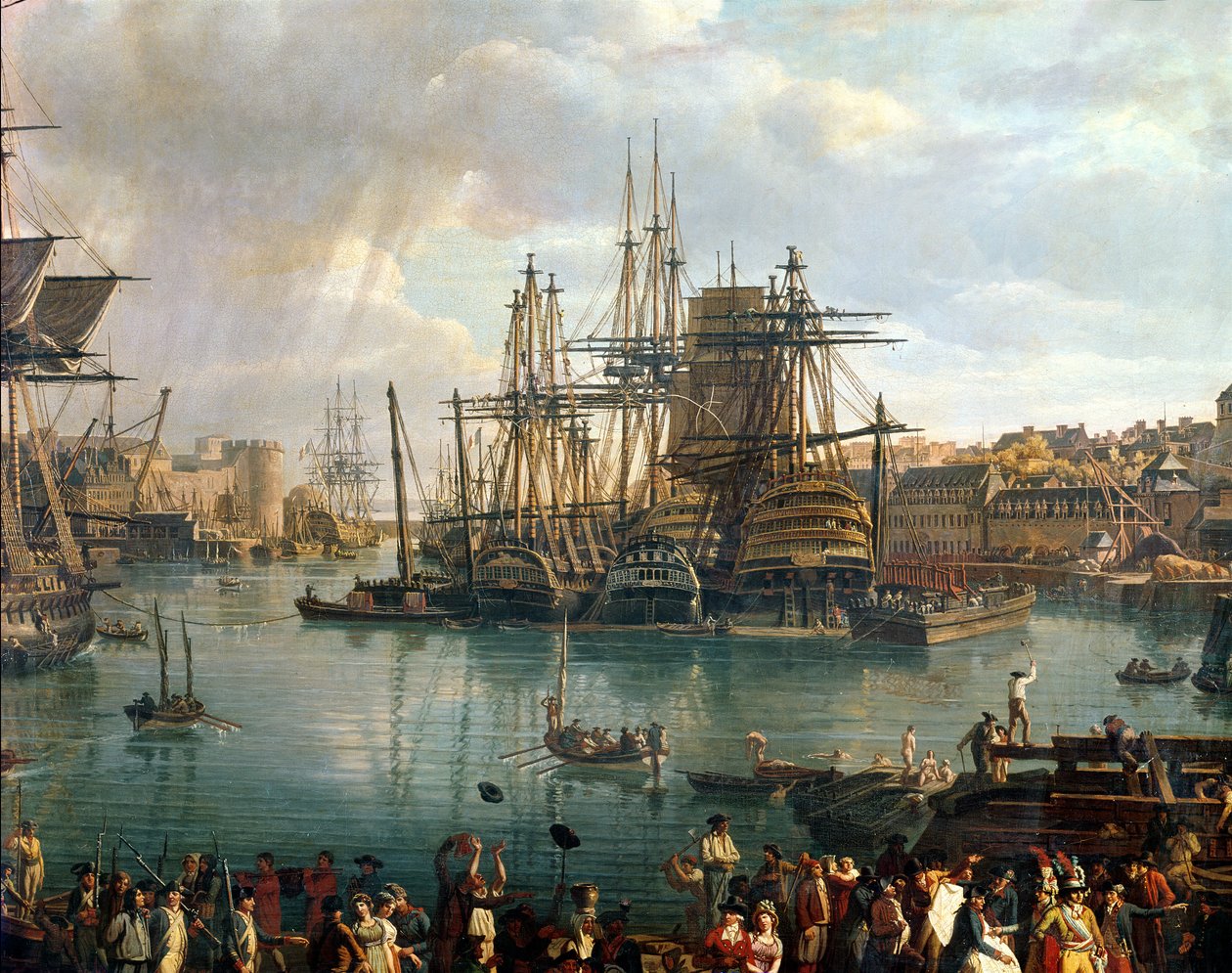 Brest Havn med udsigt til skibsfart, 1794 detalje af 95402 olie på lærred af Jean Francois Hue