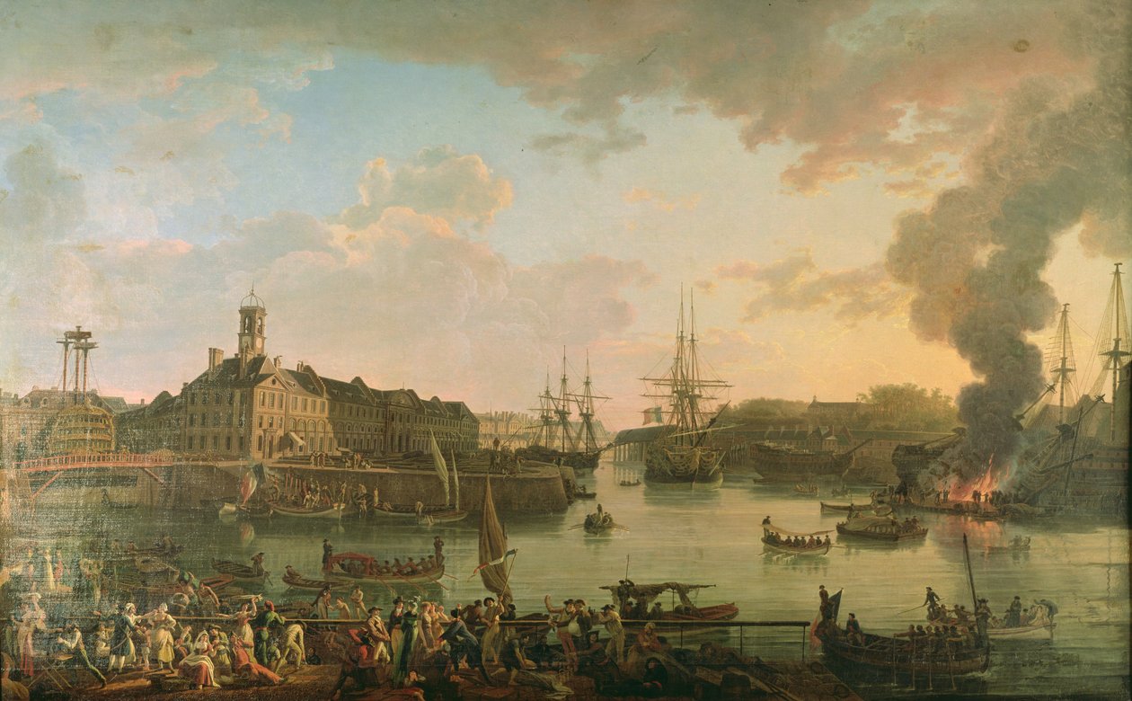 Udsigt over havnen i Brest fra de overdækkede dokker i 1795, 1795 af Jean Francois Hue