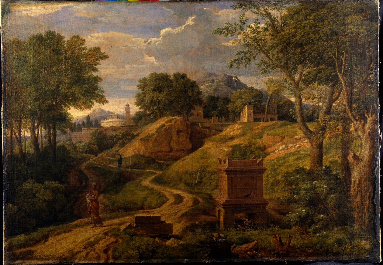 Klassisk landskab med en kvinde, der bærer et barn, ca. 1650-75 (olie på lærred) af Jean Francois I Millet