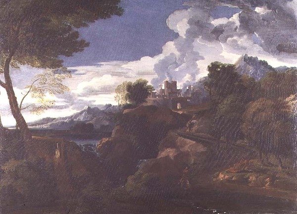 Landskab med en brændende by af Jean Francois I Millet