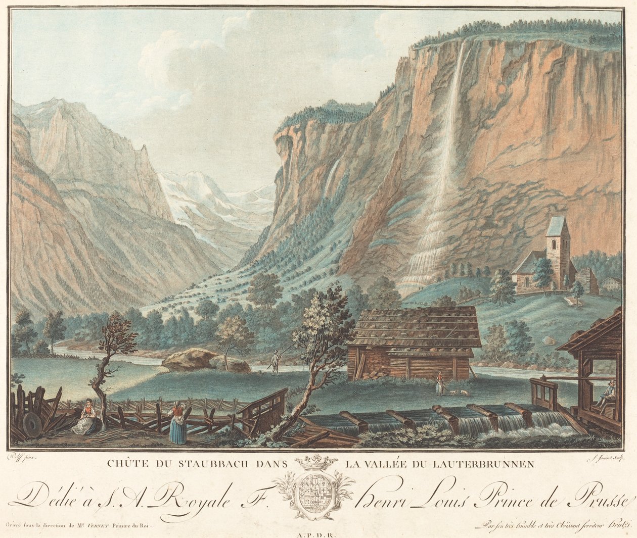 Staubbach Falls, i Lauterbrunnen Valley Falls ved Staubbach..., sandsynligvis 1776. af Jean Francois Janinet