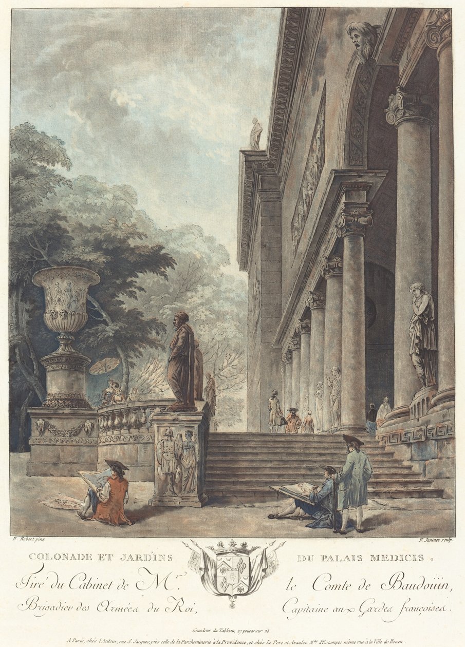 Colonnade og haver i Medici-paladset, ca. 1776 af Jean Francois Janinet